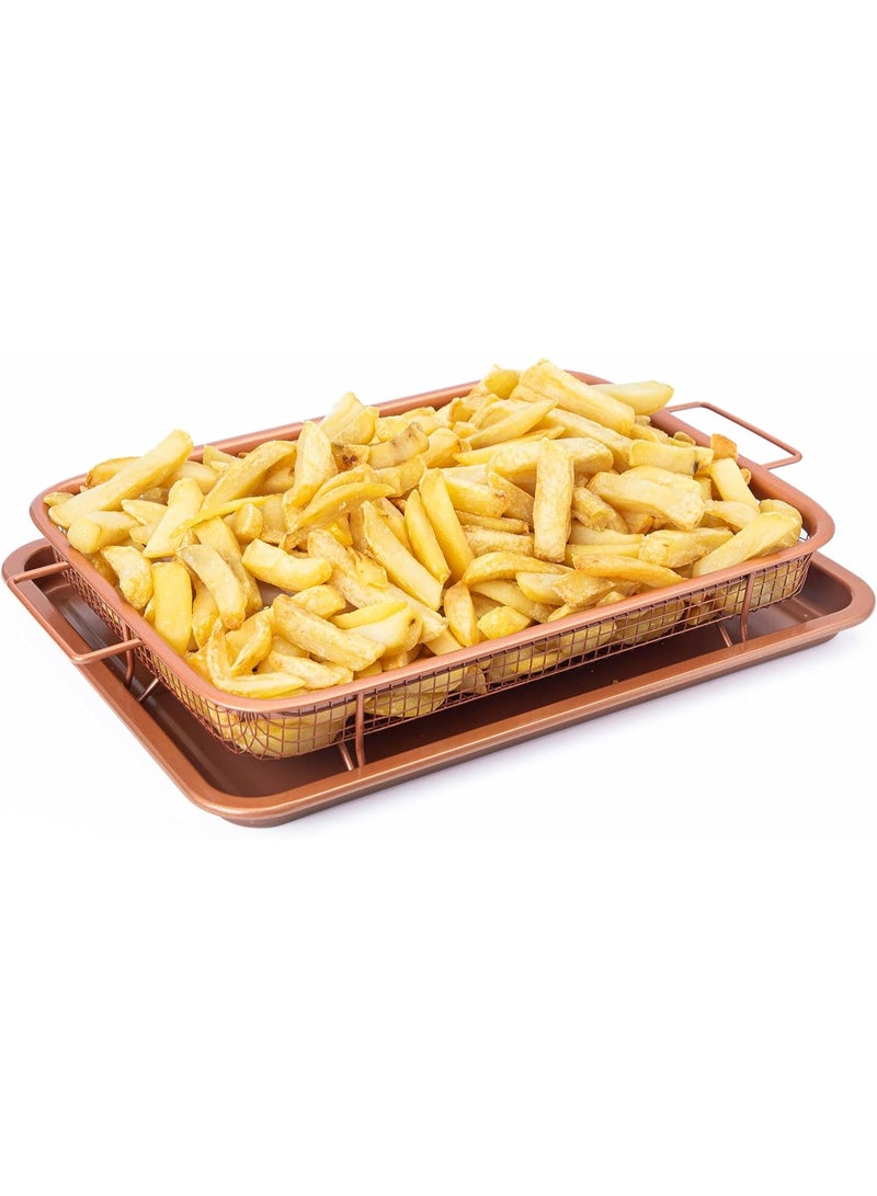 Non-Stick Oven Crisper with Raised Mesh Frying Basket - Rectangular Copper Mesh Roasting and Baking Tray Non-Stick Raised Roasting Basket, 2-Piece Detachable Oven Roasting Set - Roasting Tray with Fat Drainer - 2-in-1 Roasting and Oil Draining Tray - Image 1