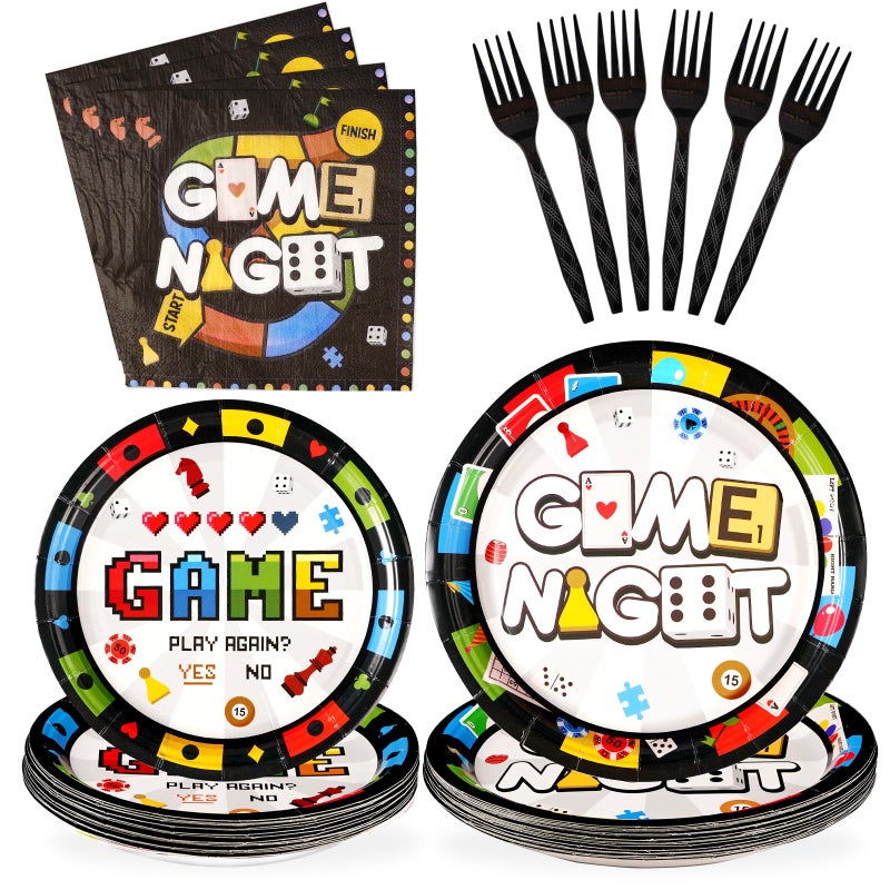 Grencian 96Pcs Family Game Night Party Supplies Family Game Plates and Napkins Disposable Gaming Paper Tableware Set for Birthday Kids Adults Gaming Night Party Decorations, Serves 24 - Image 1