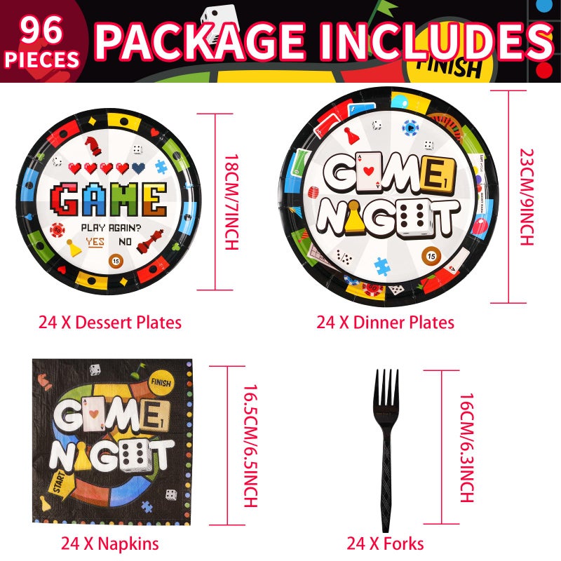 Grencian 96Pcs Family Game Night Party Supplies Family Game Plates and Napkins Disposable Gaming Paper Tableware Set for Birthday Kids Adults Gaming Night Party Decorations, Serves 24 - Image 2