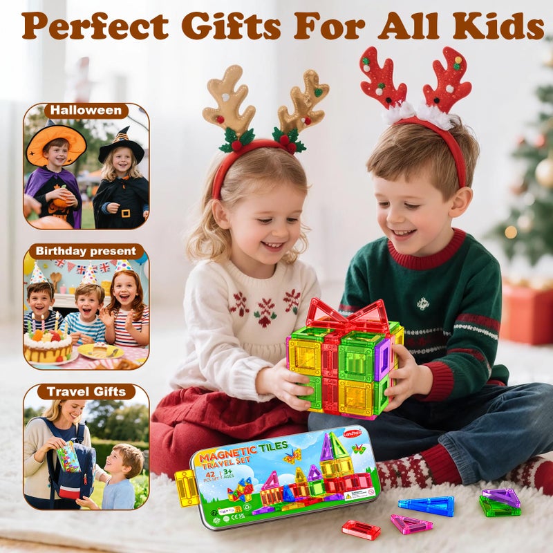 Landtaix Mini Magnetic Tiles Travel Magnetic Tiles with Iron Box,42PCS Magnet Building Block Set Travel Toys for Kids Ages 3+,Educational Portable Magnet Toys Gifts for Toddlers Boys & Girls Christmas Birthday - Image 5