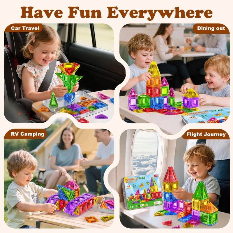 Landtaix Mini Magnetic Tiles Travel Magnetic Tiles with Iron Box,42PCS Magnet Building Block Set Travel Toys for Kids Ages 3+,Educational Portable Magnet Toys Gifts for Toddlers Boys & Girls Christmas Birthday - Image 4