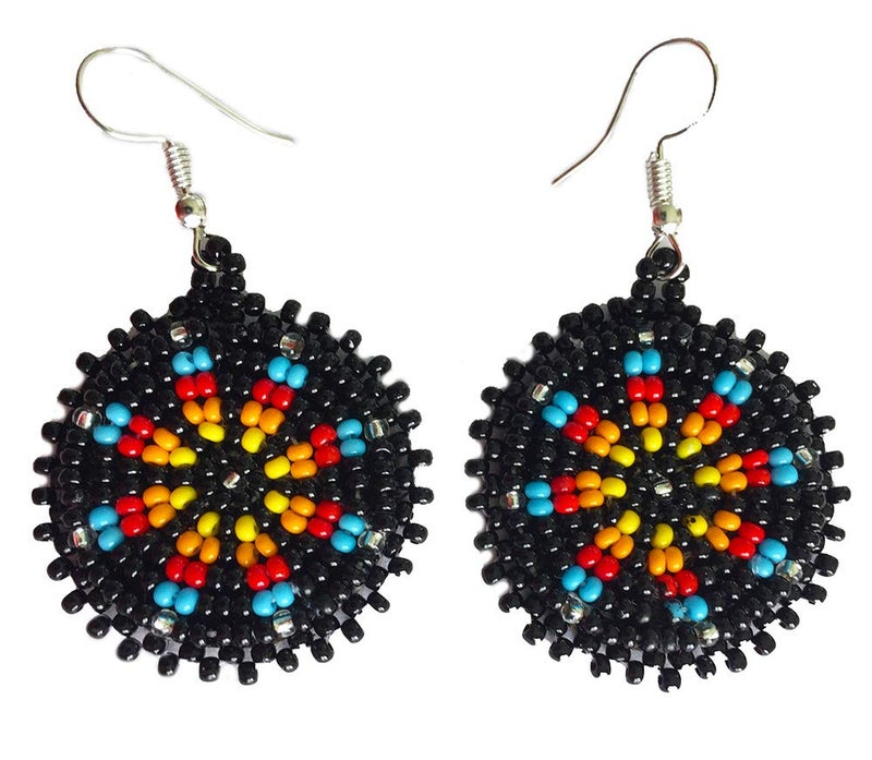 BeadsCorner Handmade Cute Seed Beaded Earrings 1.2 Round (Black) - Image 1