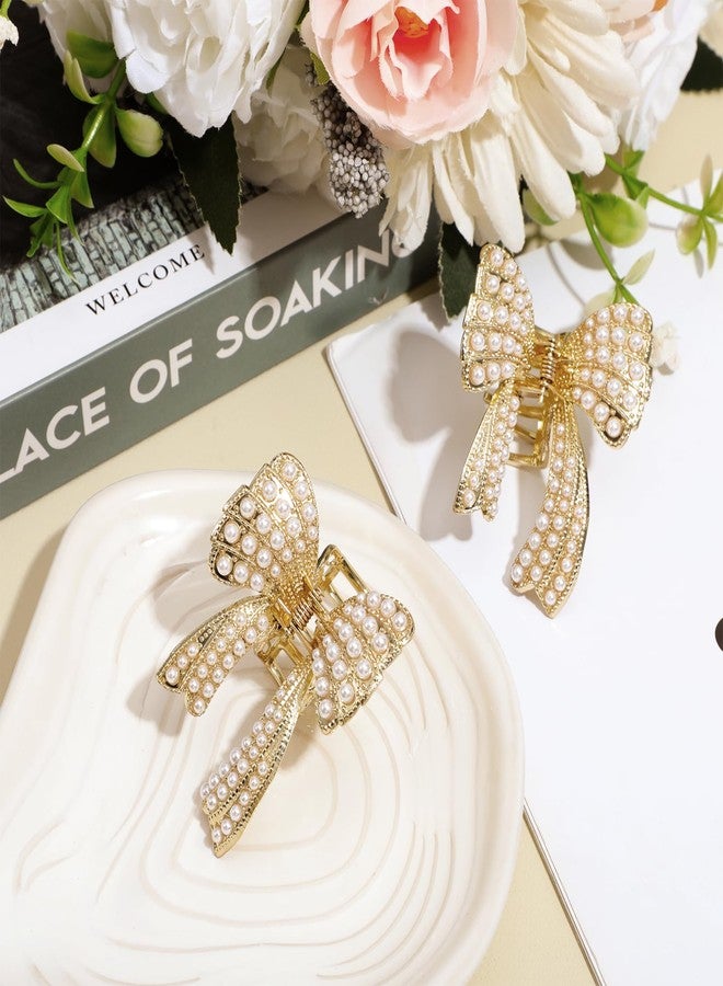 Matwsec Bow Hair Clips Bow Pearl Claw Clips for Women Small Cute Gold Hair Claw Barrettes Pearl Accessories for Women and Girls Metal Hairclip Non Slip Jaw Hairpins (Pack of 2) - Image 3