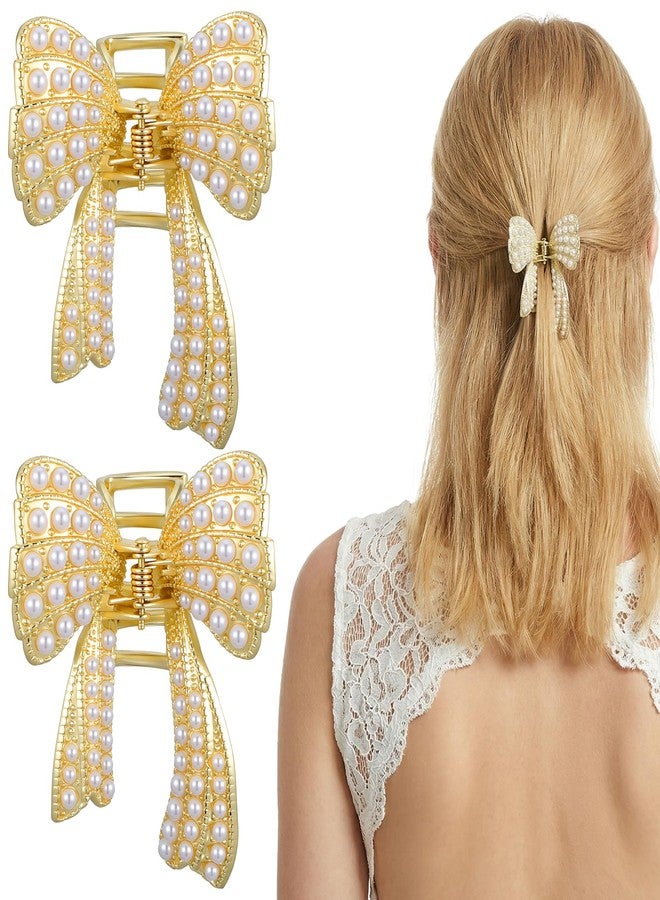 Matwsec Bow Hair Clips Bow Pearl Claw Clips for Women Small Cute Gold Hair Claw Barrettes Pearl Accessories for Women and Girls Metal Hairclip Non Slip Jaw Hairpins (Pack of 2) - Image 1