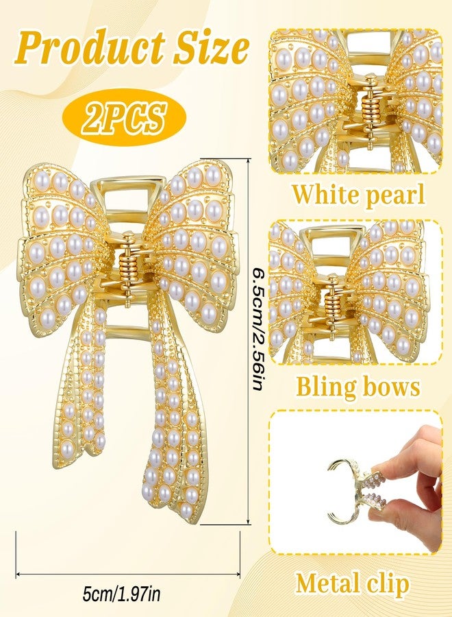 Matwsec Bow Hair Clips Bow Pearl Claw Clips for Women Small Cute Gold Hair Claw Barrettes Pearl Accessories for Women and Girls Metal Hairclip Non Slip Jaw Hairpins (Pack of 2) - Image 2