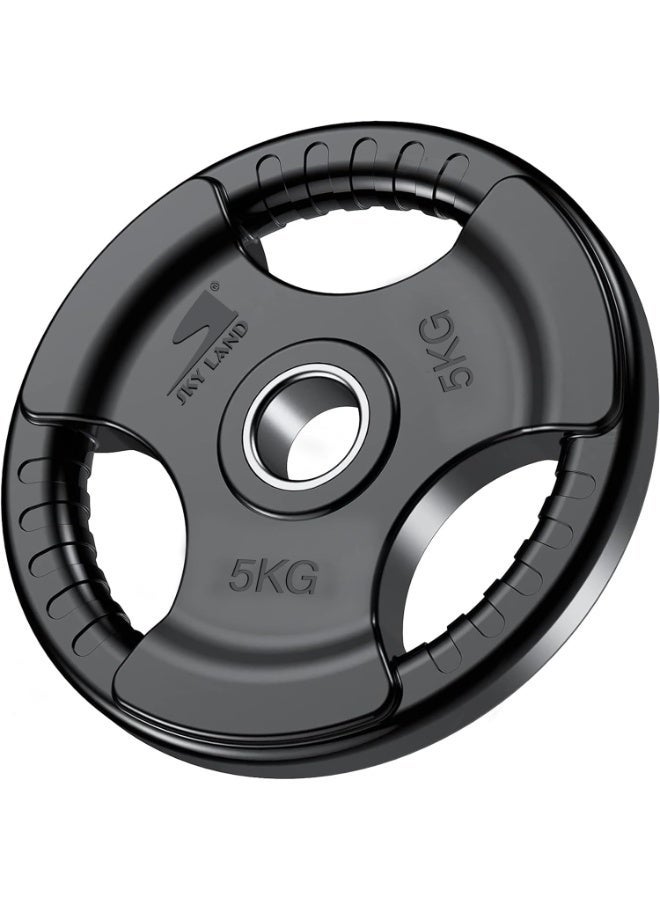 SKY LAND Olympic Weight Plates with Rubber Finish 2’’ Opening and Tri-Grips, Black Barbell Plates Discs in Single for Lifting and Strength Training, Solid Cast Iron Core Weights, 5kg EM-9264-5 - Image 1