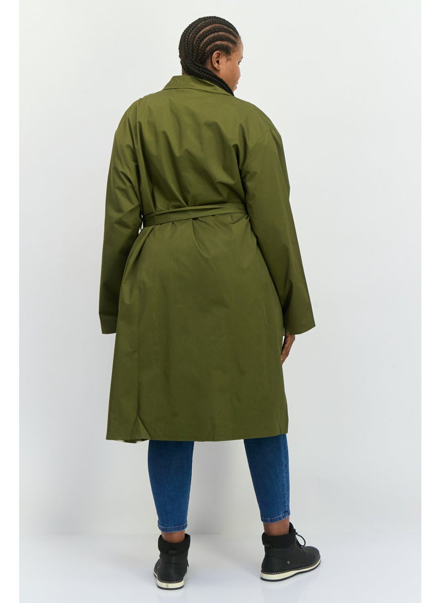 Unique21 - Women Plain Belted Trench Coat, Dark Olive - Image 1