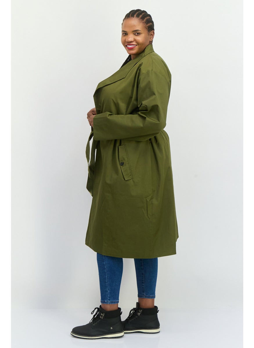 Unique21 - Women Plain Belted Trench Coat, Dark Olive - Image 1