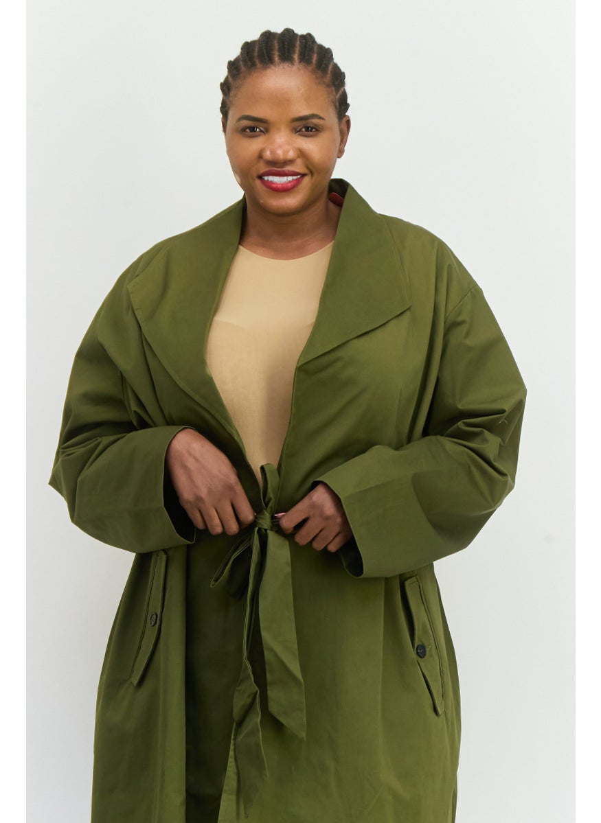 Unique21 - Women Plain Belted Trench Coat, Dark Olive - Image 1