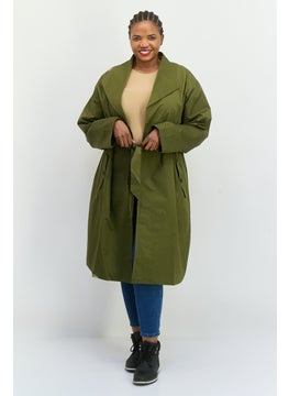 Women Plain Belted Trench Coat, Dark Olive