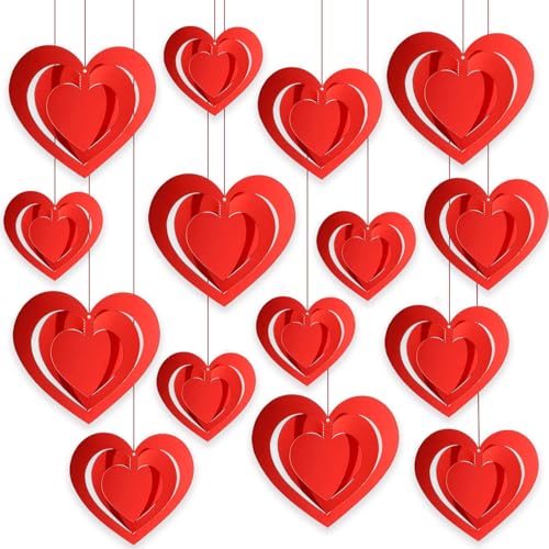Pedel 15 Pieces Valentines Day Heart Swirl, 3D Red Hollowed Heart Hanging Swirls with Red Ribbon for Galentines Wedding Anniversary Engagement Party Decoration - Image 1