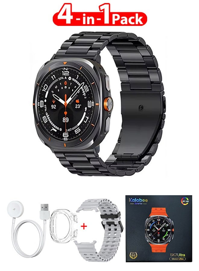 Kalobee حزمة ساعة SK7 الذكية الفائقة مع الملحقات بما في ذلك 1 حزام من الفولاذ المقاوم للصدأ الأسود 1 حزام سيليكون رمادي وكابل شحن وحافظة واقية من TPU - Image 1