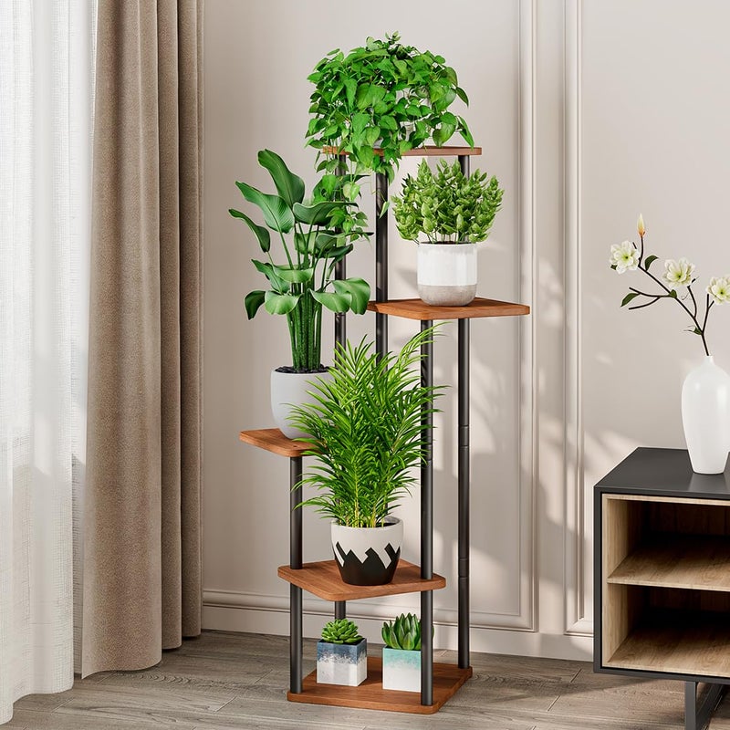 AZERPIAN Plant Stand 5 Tier Indoor Metal Flower Shelf for Multiple Plants Corner Tall Flower Holders for Patio Garden Living Room Balcony Bedroom, Walnut (5 Tier-Walnut) - Image 2