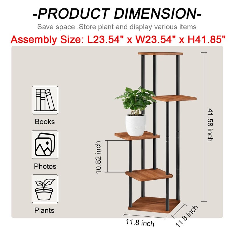 AZERPIAN Plant Stand 5 Tier Indoor Metal Flower Shelf for Multiple Plants Corner Tall Flower Holders for Patio Garden Living Room Balcony Bedroom, Walnut (5 Tier-Walnut) - Image 4