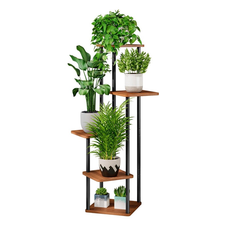 AZERPIAN Plant Stand 5 Tier Indoor Metal Flower Shelf for Multiple Plants Corner Tall Flower Holders for Patio Garden Living Room Balcony Bedroom, Walnut (5 Tier-Walnut) - Image 1