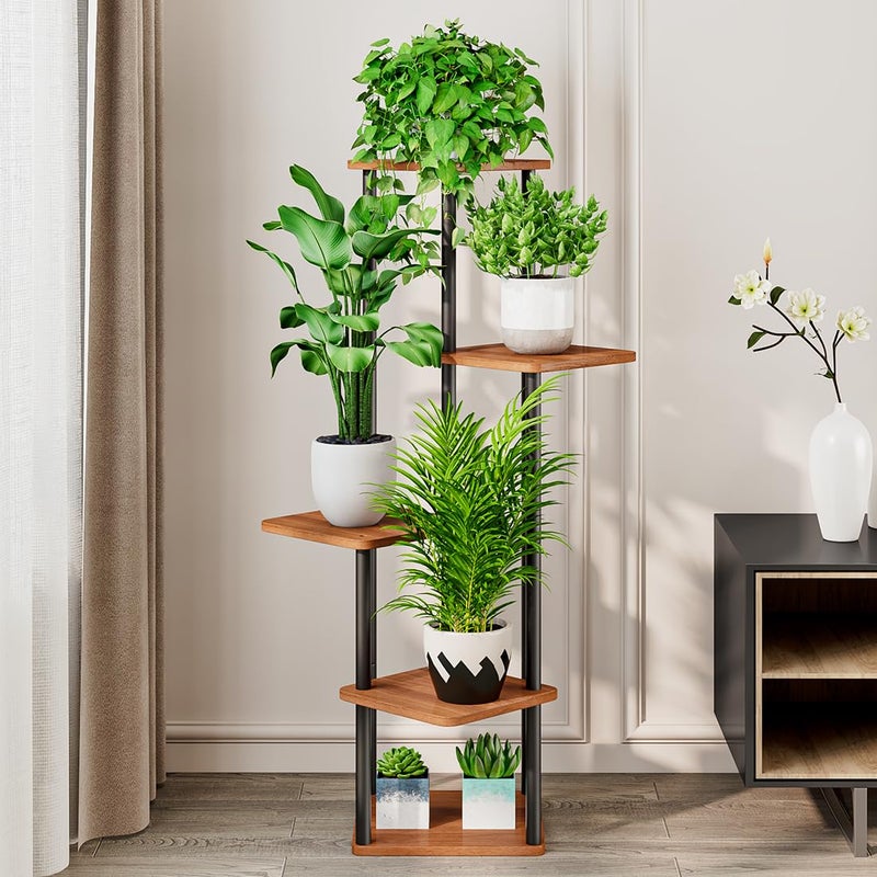 AZERPIAN Plant Stand 5 Tier Indoor Metal Flower Shelf for Multiple Plants Corner Tall Flower Holders for Patio Garden Living Room Balcony Bedroom, Walnut (5 Tier-Walnut) - Image 3