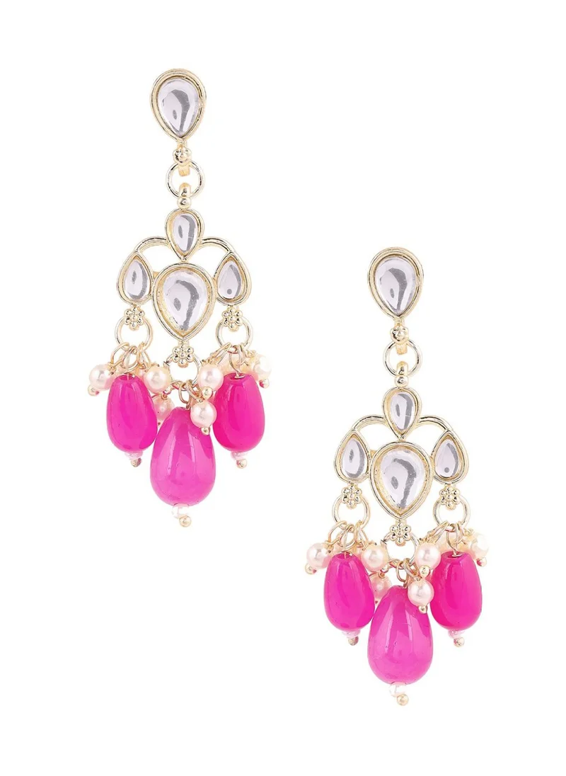 Priyaasi Plated Contemporary Kundan Stone Studded  Beaded Drop Earrings