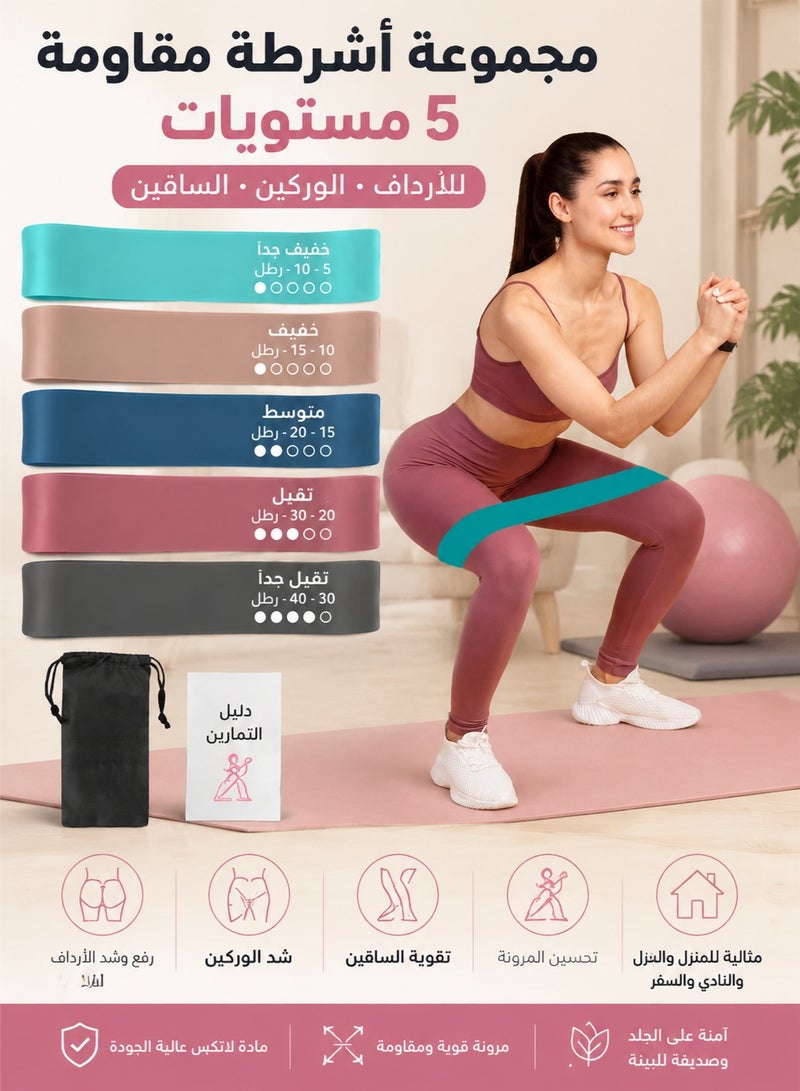 fdsport 5-Level Resistance Bands Set for Glutes, Legs & Hips – Booty Bands for Pilates, Yoga & Home Workout with Carry Bag & Training Guide - Image 1