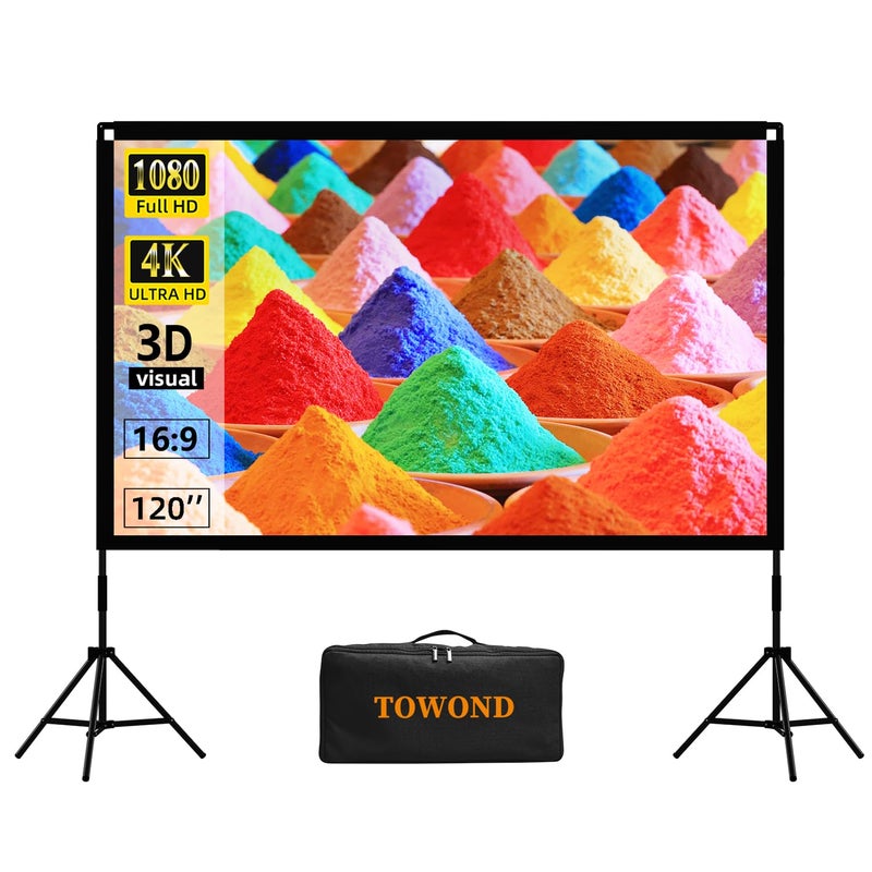 TOWOND Projector Screen with Stand, Towond 120 inch Portable Movie Screen Indoor Outdoor 16:9 HD Front Rear Projection Screen with Carry Bag Wrinkle-Free and Foldable Polyester Fabric Design for Home Theater - Image 1