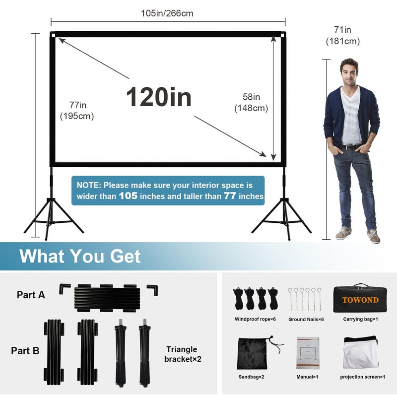 TOWOND Projector Screen with Stand, Towond 120 inch Portable Movie Screen Indoor Outdoor 16:9 HD Front Rear Projection Screen with Carry Bag Wrinkle-Free and Foldable Polyester Fabric Design for Home Theater - Image 2