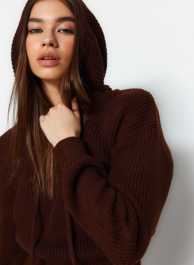 trendyol Brown Mini Knitwear Hooded Dress TWOAW23EL00075  - Image 2