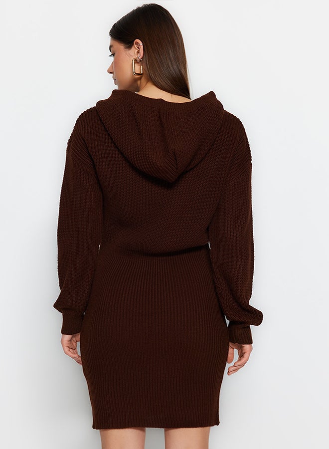 trendyol Brown Mini Knitwear Hooded Dress TWOAW23EL00075  - Image 5