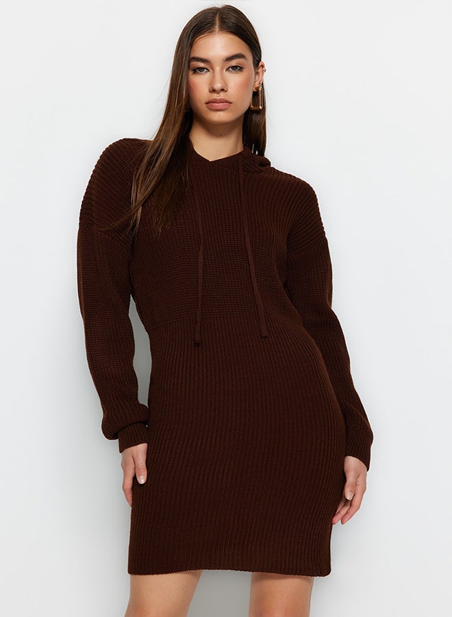 trendyol Brown Mini Knitwear Hooded Dress TWOAW23EL00075  - Image 3
