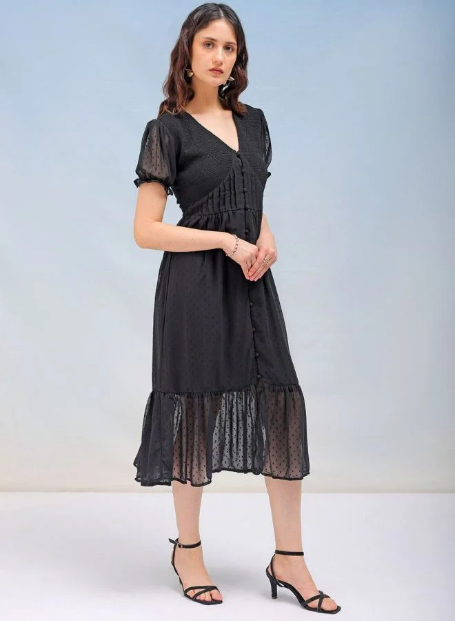 Freehand  Women Fit and Flared Solid V-Neck Short Sleeve Tiered Dress for Women | Best Price UAE