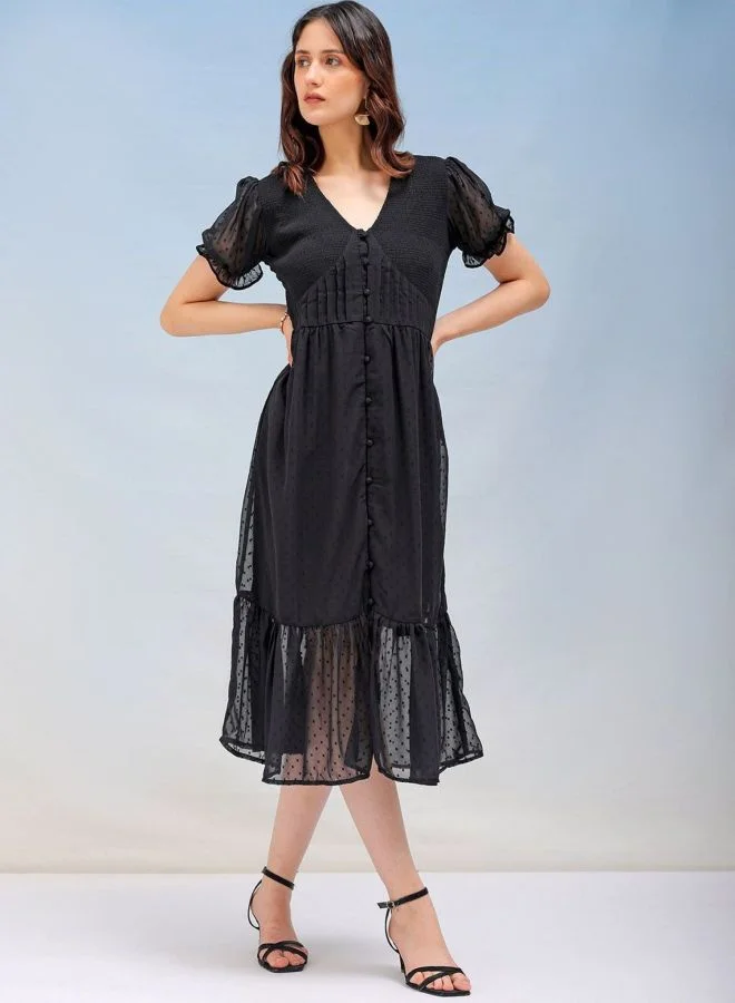 Women Fit and Flared Solid V-Neck Short Sleeve Tiered Dress