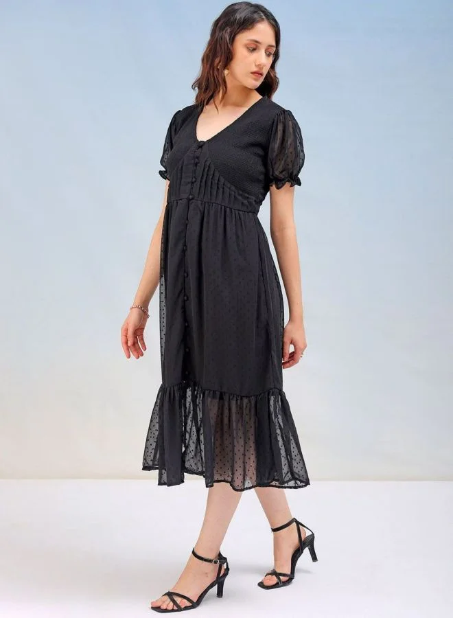 Freehand  Women Fit and Flared Solid V-Neck Short Sleeve Tiered Dress for Women | Best Price UAE