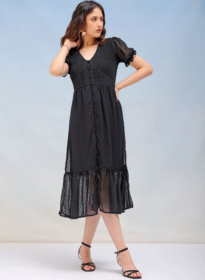 Freehand  Women Fit and Flared Solid V-Neck Short Sleeve Tiered Dress for Women | Best Price UAE
