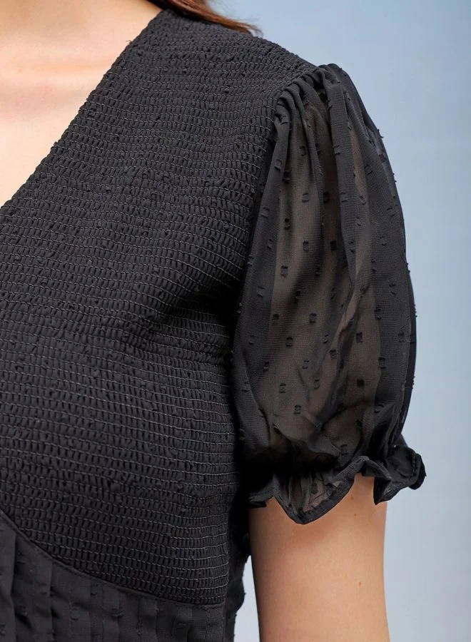 Freehand  Women Fit and Flared Solid V-Neck Short Sleeve Tiered Dress for Women | Best Price UAE