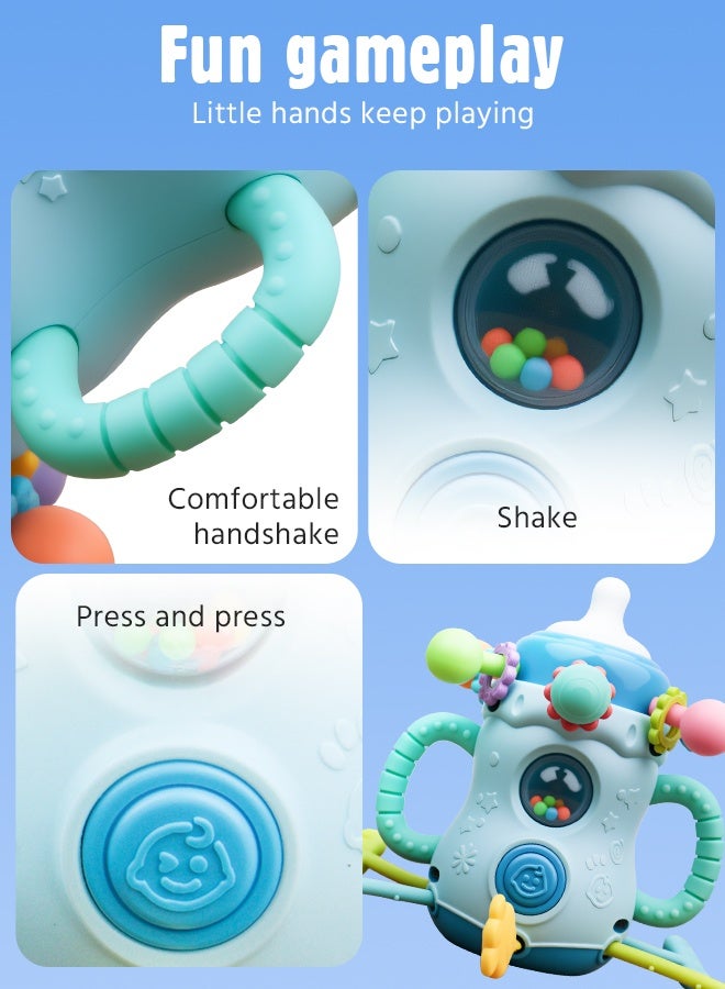 Soft Touch 1PCS Baby Teething Toy with Handle, Montessori Sensory Toy, Toddler Learning Educational Toy, Silicone Pull String Toy for Kids, Baby Chew Toy, Infant Rattle Toy for Boys Girls Gift (Blue) - Image 5