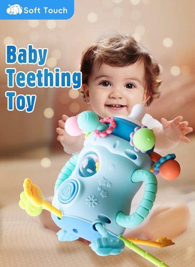 Soft Touch 1PCS Baby Teething Toy with Handle, Montessori Sensory Toy, Toddler Learning Educational Toy, Silicone Pull String Toy for Kids, Baby Chew Toy, Infant Rattle Toy for Boys Girls Gift (Blue) - Image 2