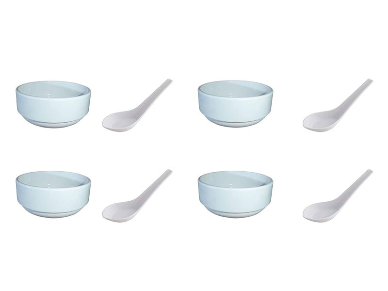 Servewell Melamine Rewa Soup Bowls with Spoon Set of 4 White Glossy 300 ml - Image 1