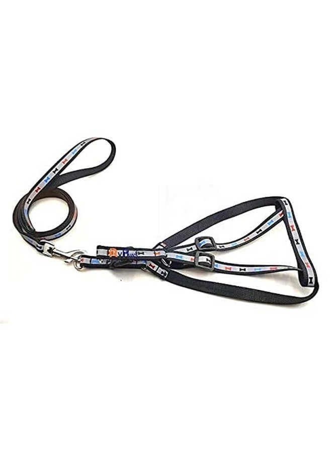 سترة مبطنة من النايلون مطبوع عليها عظمة ناعمة وقابلة للتعديل مقاس 15 مم ومقود بمقبض طويل مثالي للمشي في الهواء الطلق/تدريب الكلاب والجراء (أسود) - Image 1