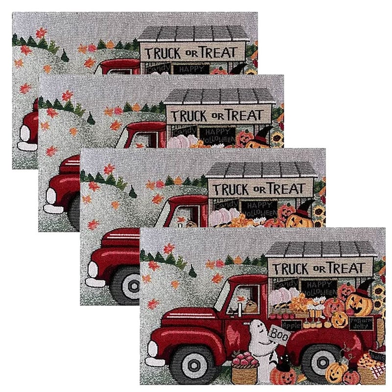 Twisted Anchor Tradi Set of 4 Halloween Placemats - Ghost with a Vintage Truck Hauling Jack O Lanterns Pumpkins - Tapestry Style Designs - Comes in an Organza Bag  - Image 1
