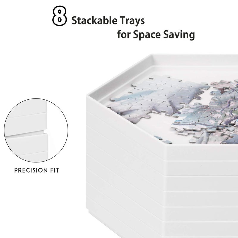 Becko US Stackable Puzzle Sorting Trays Jigsaw Puzzle Sorters with Lid Puzzle Accessory for Puzzles Up to 1500 Pieces, 8 Hexagonal Trays (White) - Image 3