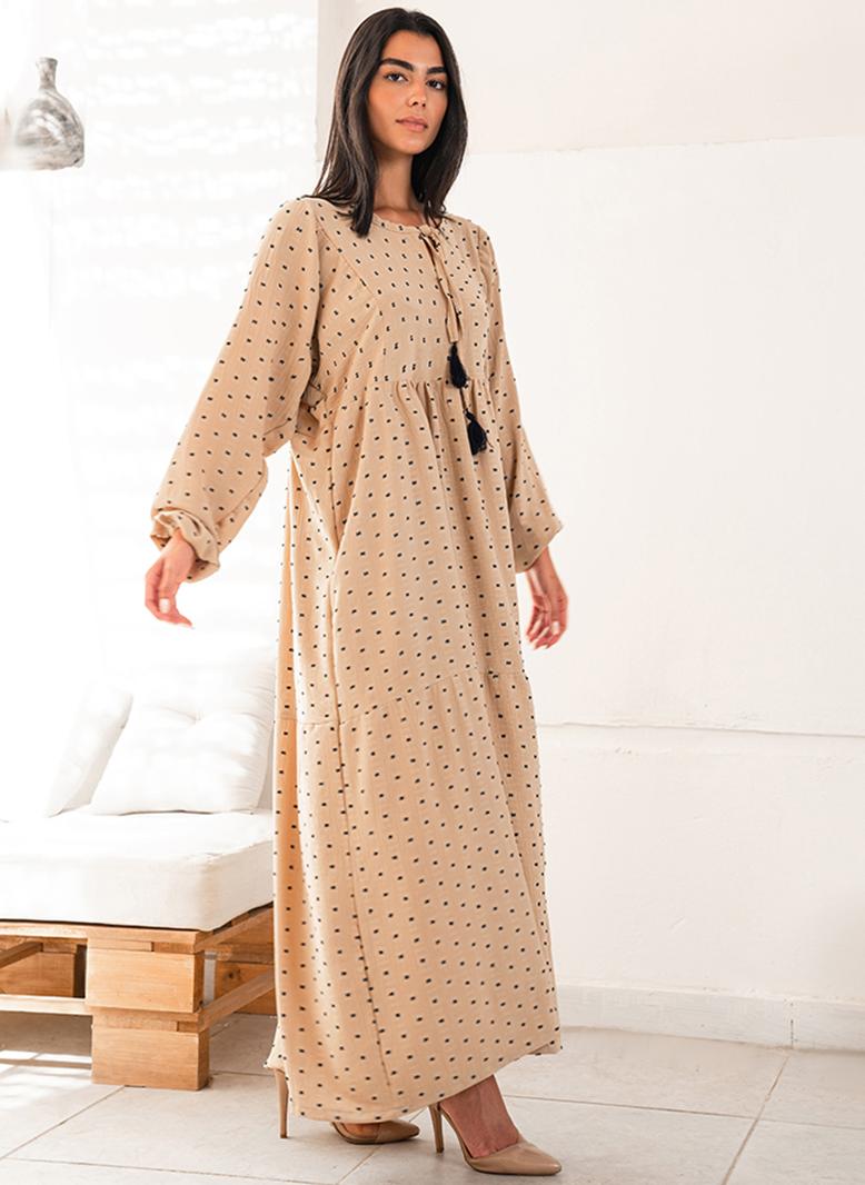 فرايديين لطيف دائري اللون الصامد جاكار ضمادة كم الفانوس فساتين طويلة مشمشي - Image 3