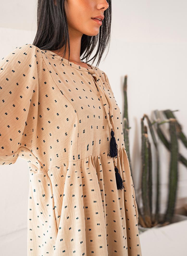 فرايديين لطيف دائري اللون الصامد جاكار ضمادة كم الفانوس فساتين طويلة مشمشي - Image 5