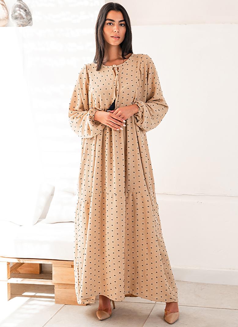 فرايديين لطيف دائري اللون الصامد جاكار ضمادة كم الفانوس فساتين طويلة مشمشي - Image 1