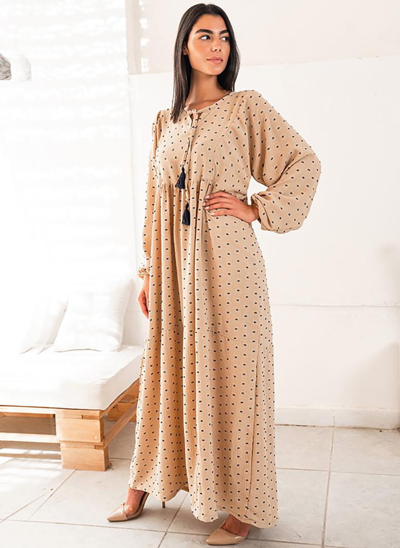 فرايديين لطيف دائري اللون الصامد جاكار ضمادة كم الفانوس فساتين طويلة مشمشي - Image 4