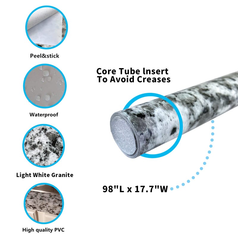 Teemall Light White Granite Look Marble Film Vinyl Self Adhesive Kitchen Countertop Peel Stick Wallpaper Decal (17.7" x 98") - Image 3