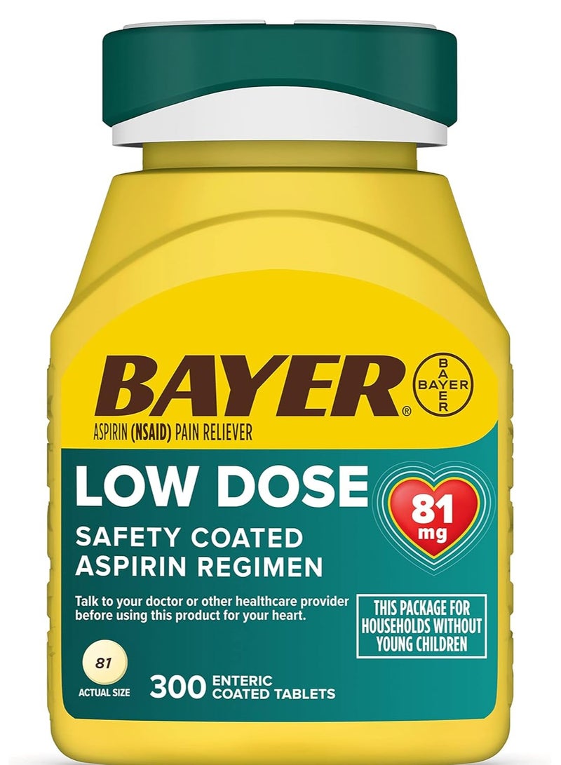 BAYER أسبرين بجرعة منخفضة 81 مجم، أقراص مغلفة معوية، موصى بها من قبل الأطباء، للوقاية الثانوية من أمراض القلب والأوعية الدموية، 300 قرص مغلف آمن - Image 1