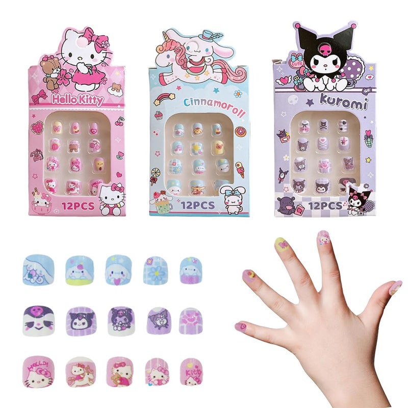 MAYCREATE 36Pcs Kawaii Girls Press On Nail Set Cute Sanrio Kuromi Kids Press On Nails Cinnamoroll PressOn DIY Nail Art Preglue Girls Kawaii Nails - Image 1