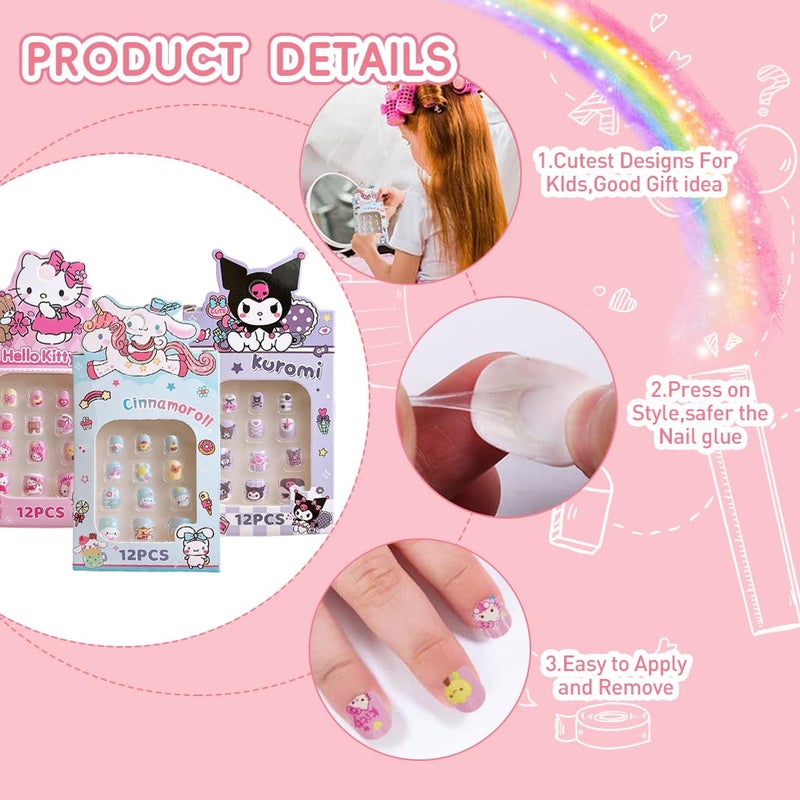 MAYCREATE 36Pcs Kawaii Girls Press On Nail Set Cute Sanrio Kuromi Kids Press On Nails Cinnamoroll PressOn DIY Nail Art Preglue Girls Kawaii Nails - Image 2