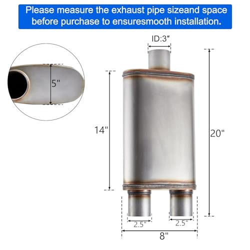 Floshine Universal 409 Stainless Performance Exhaust Muffler, single in dual out muffle (3 in inlet 2.5 in dual outlet) - Image 2