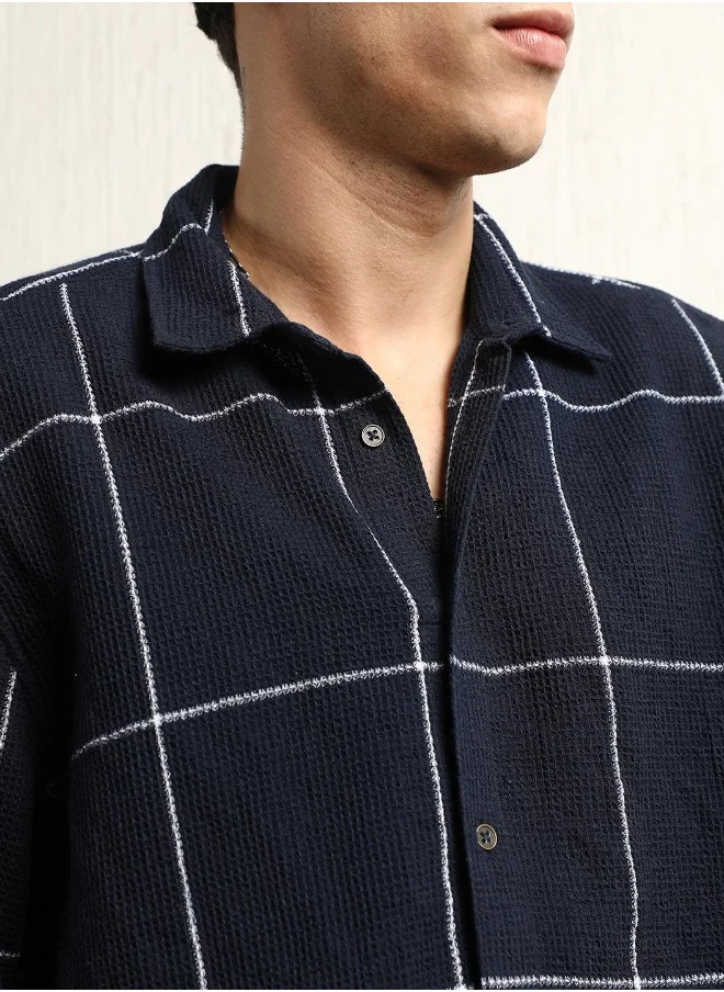 Hubberholme Men's Navy Cotton Blend Checkered Button Down Oversized Shirt