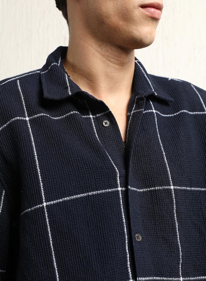 Hubberholme Men's Navy Cotton Blend Checkered Button Down Oversized Shirt - Image 1