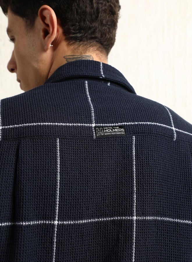Hubberholme Men's Navy Cotton Blend Checkered Button Down Oversized Shirt - Image 3
